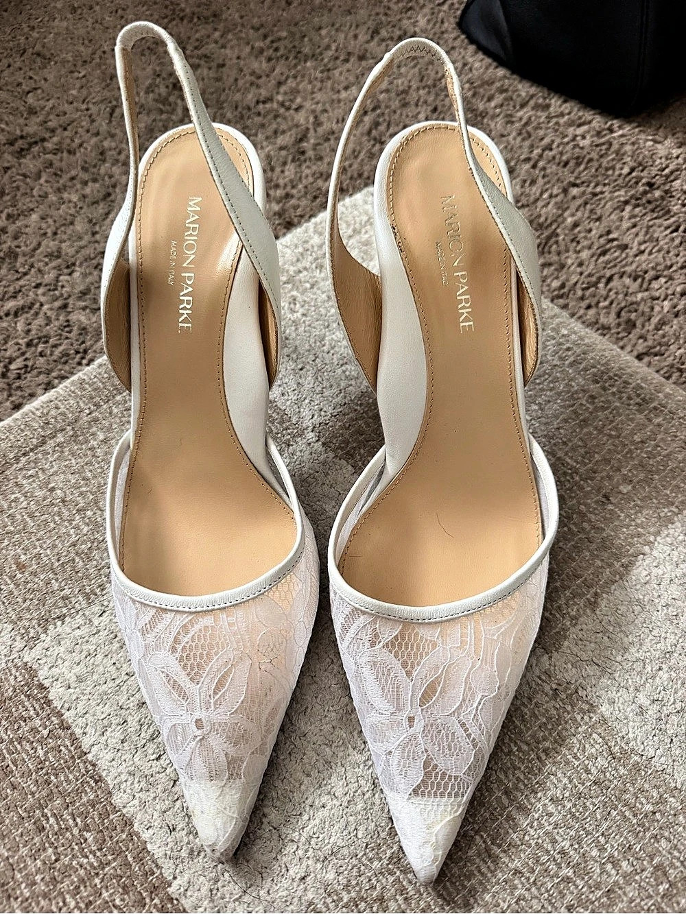 MARION PARKE Lace Pointed-Toe Slingback Heels in White